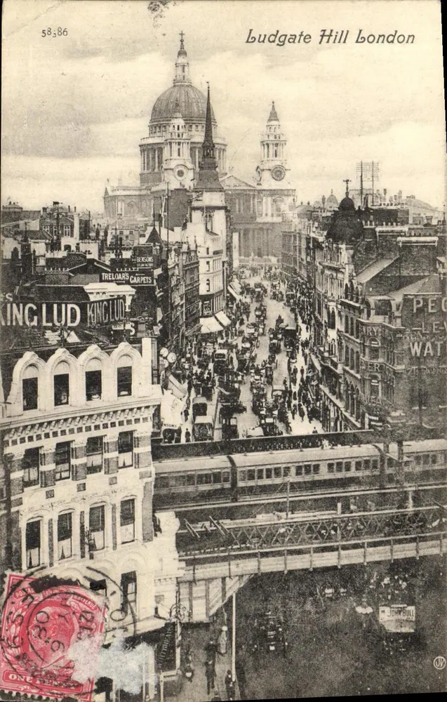 Ludgate Hill Londres — vista da catedral de São Paulo e do trem — Série Valentine - Frente