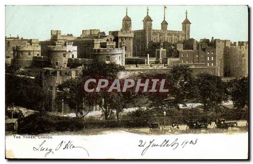 La Tour de Londres — vue panoramique des tours et remparts — éditeur non identifié - Frente