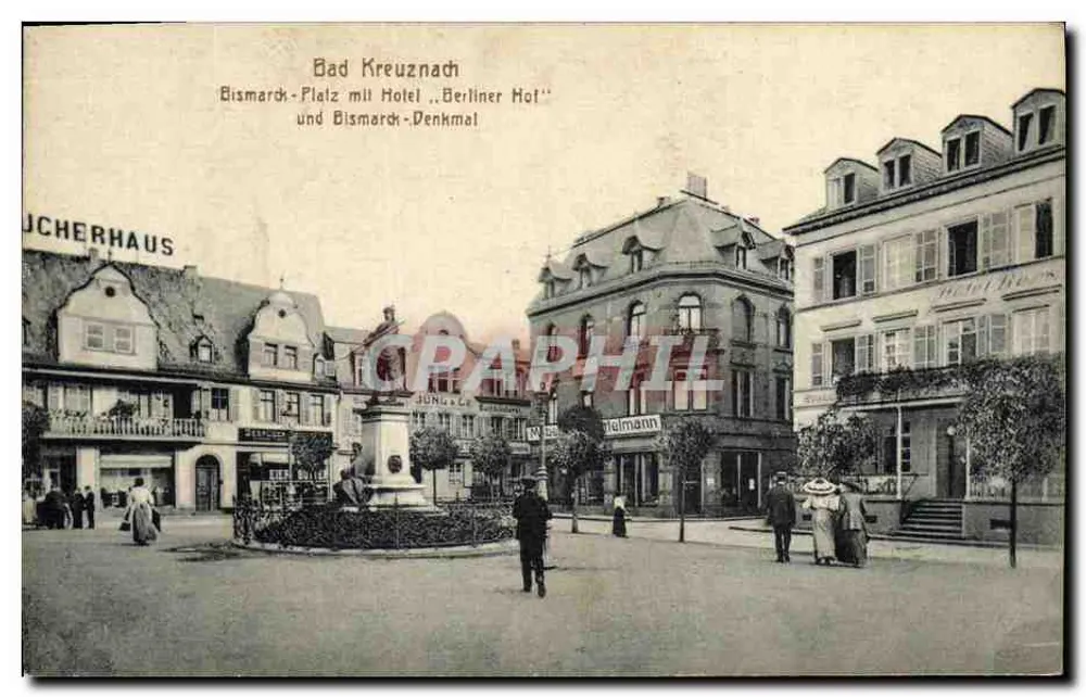 Bad Kreuznach — Bismarck-Platz mit Hotel „Berliner Hof“ und Bismarck-Denkmal — Graph. Verlagmann & Co. n. H. Breslau, Nr. 1064 - Vorderseite