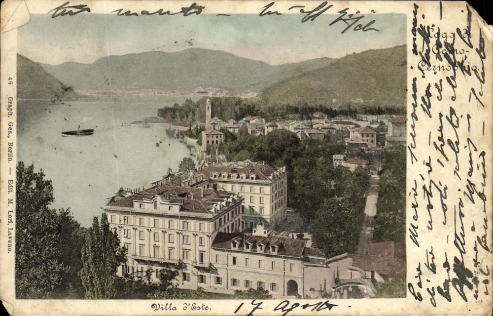 Villa D'Este — vue panoramique sur le lac avec montagnes — Graph. Ges., Berlin — Edit. M. Levi, Laverno, n° 48 - Frente
