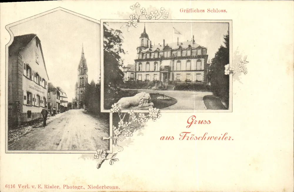 Gräftliches Schloss, Fröschweiler — vista da cidade e do castelo — Verl. v. E. Risler, Fotogr., Niederbronn, n° 6116 - Frente