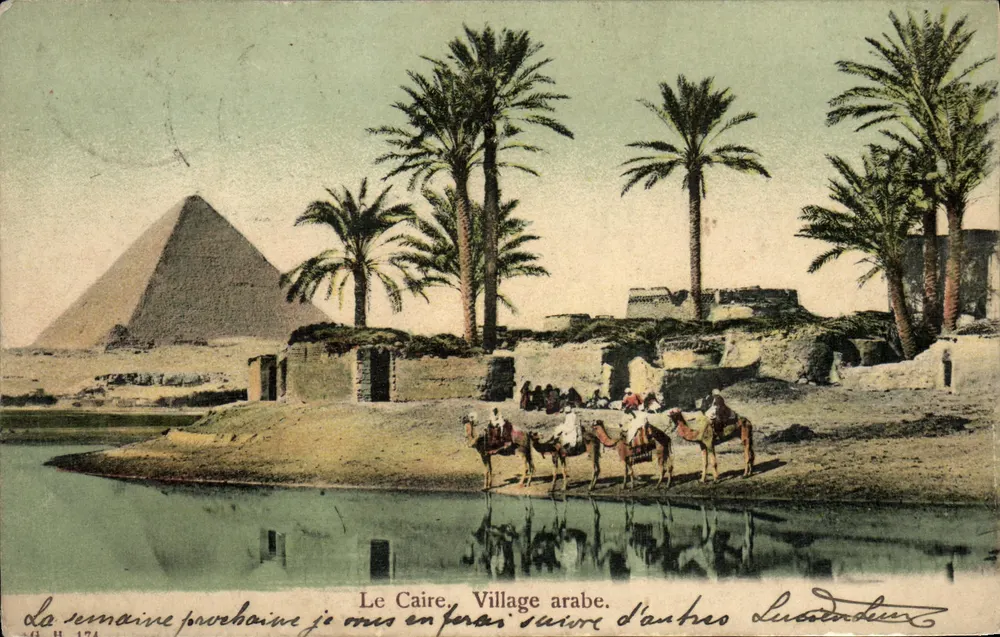 Il Cairo. Villaggio arabo — vista delle piramidi — editore Lucandeur, n° 174 - Recto
