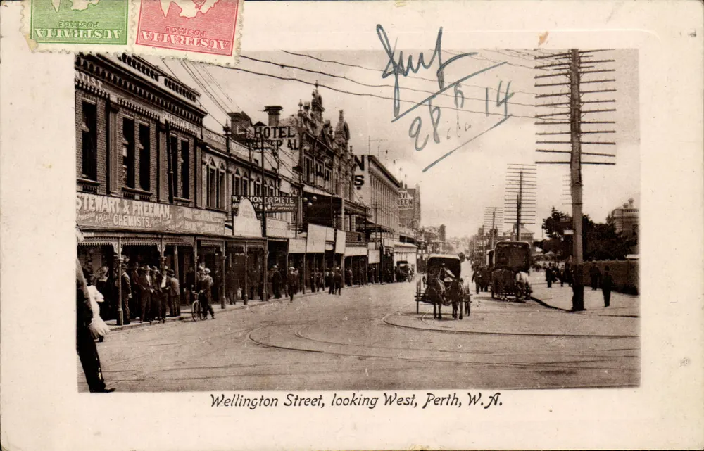 Wellington Street, rivolto a ovest, Perth, W.A. — Cartolina d'epoca con strade e calesse — Editore Western Australia Co. Ltd. - Recto