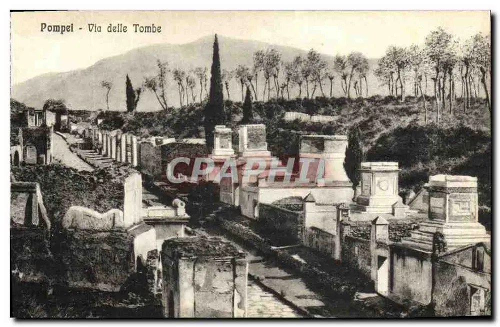 Pompel - Via delle Tombe — vista das tumbas e das montanhas — Edit. Domenico Trampetti - Napoli, n° 15118 - Frente