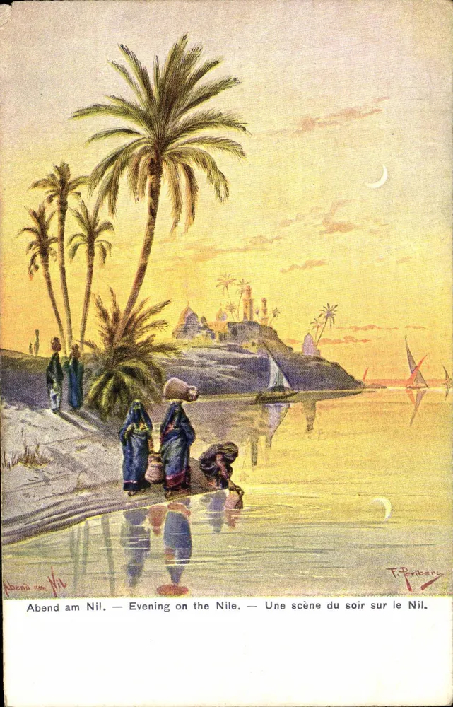 Cena do entardecer no Nilo — T. Pribera — Série 672, Aegypten I, No. 2 - Frente