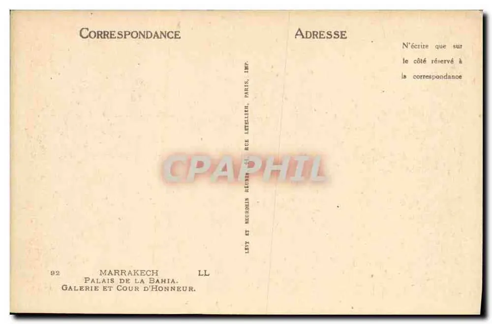 Cour d'honneur des Palais de la Bahia — Marrakech — Imp. Letelier, Paris - Rückseite