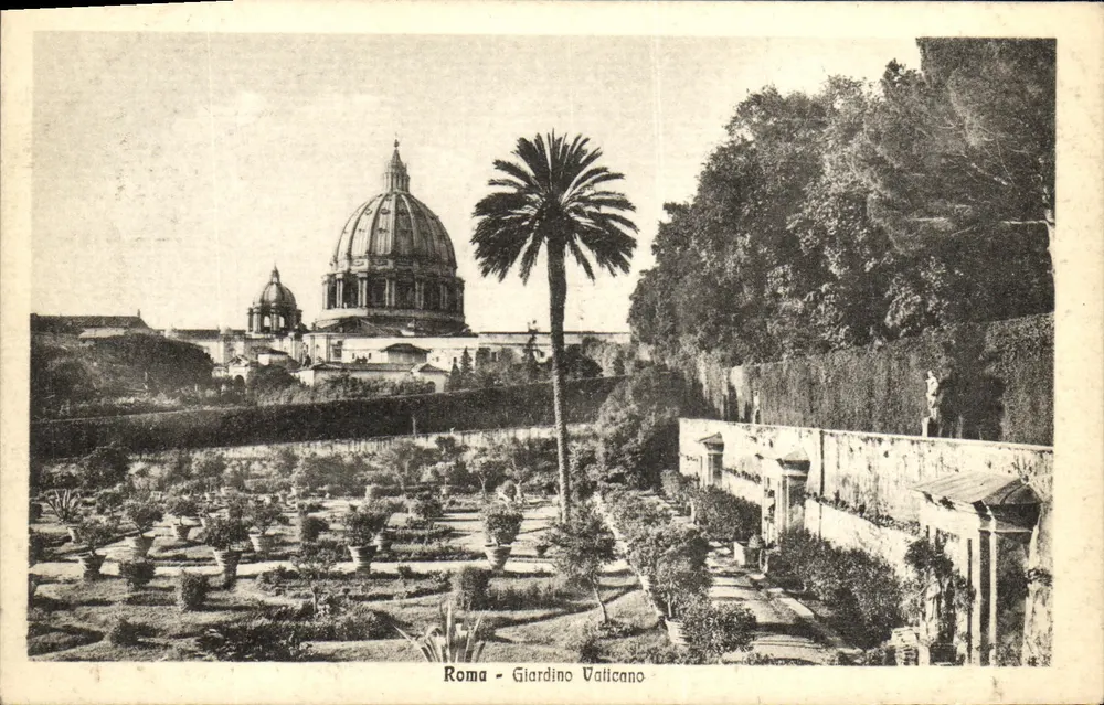 Roma - Giardino Vaticano — vista do domo de São Pedro com palmeira — editor IPA CT FOTO, n° 3569 - Frente