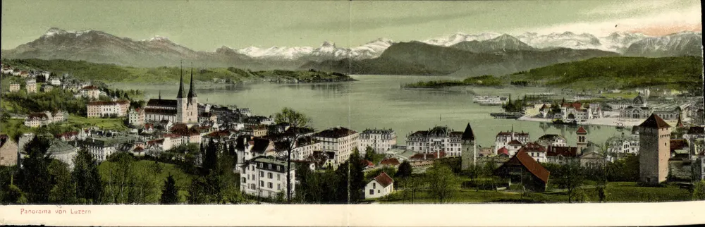 Panorama von Luzern — vue panoramique de la ville et du lac avec montagnes enneigées — éditeur non visible - Vorderseite