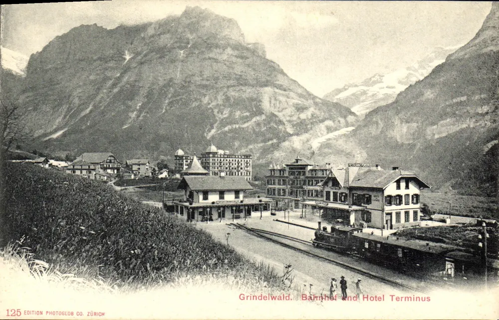Grindelwald — Estación y Hotel Terminus — Edición Photoglob Co. Zürich, n°125 - Anverso