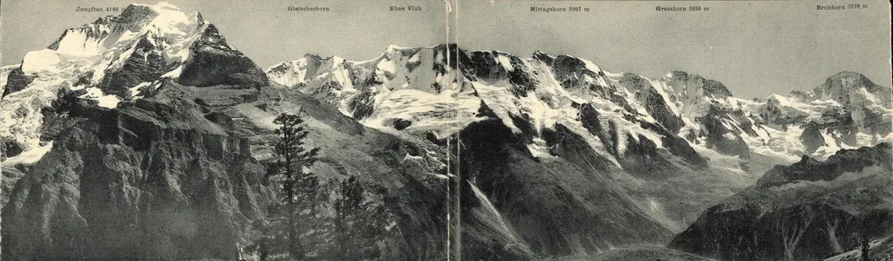 Panorama des Alpes suisses — sommets Jungfrau, Gletscherhorn, Mittagshorn, Grevenhorn, Breithorn — éditeur non visible - Recto