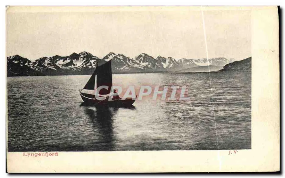 Lyngenfjord — krajobraz jeziora z zasnieżonymi górami — J.V. - Awers