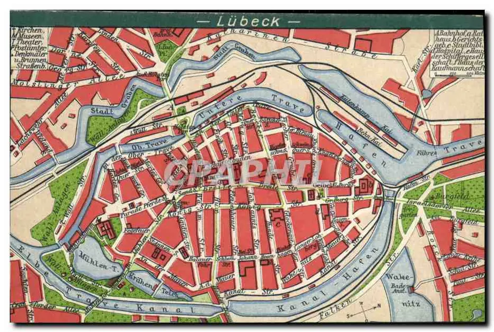 Lübeck — Carta da cidade com canais e ruas — Editor Hans Weinfurting, Leipzig - Frente