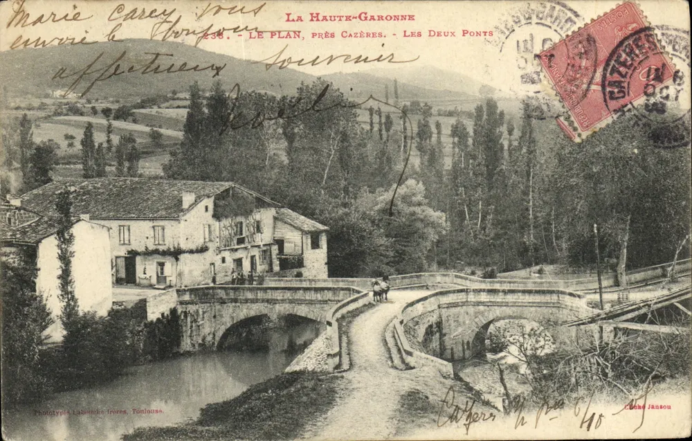 Les Deux Ponts — Vue du pont en pierre et maison à colombages — Phototypie Labouche frères, Toulouse - Frente