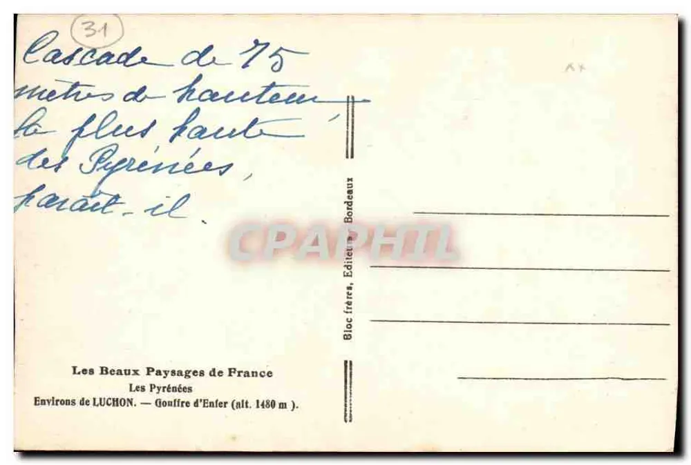 Wodospad o wysokości 75 metrów — Pyrenées — Bloc frères, Bordeaux - Rewers
