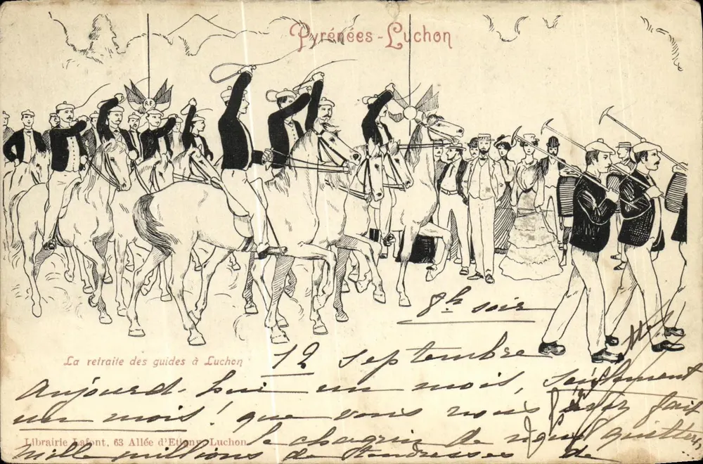 La retraite des guides à Luchon — scène de parade équestre — Librairie Lafont, 63 Allée d'Etienne, Luchon - Frente