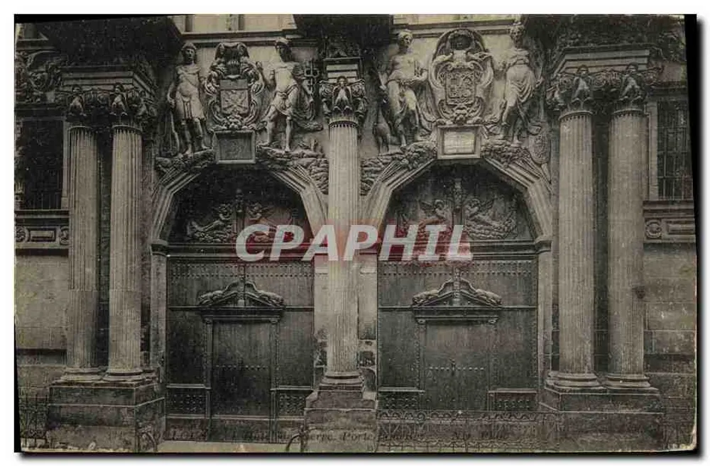 Porta do Hôtel de Ville de Lyon — fachada ornada com esculturas e colunas — editor não identificado - Frente