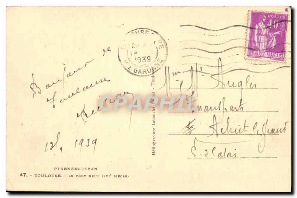 Toulouse — O Pont Novo (século XVI) — Héliogravure Labouchure, n° 47 - Verso