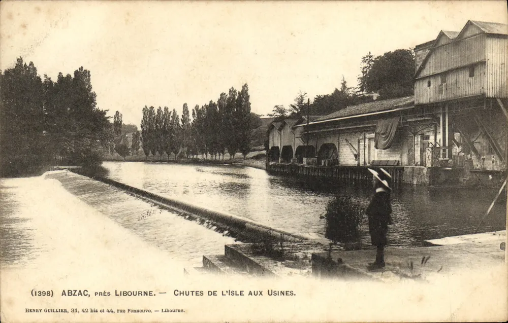 Abzac, nahe Libourne — Wasserfälle der Isle bei den Fabriken — Henry Guillier, 34, 42 bis und 44, rue Fonneuve, Libourne - Vorderseite