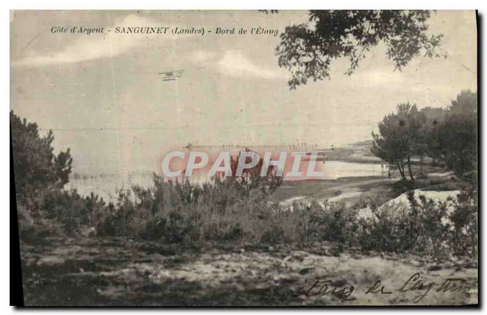 Costa de Argent - SANGUINET (Landes) - Bord de l'Élong — vista da praia com um avião em voo - Frente