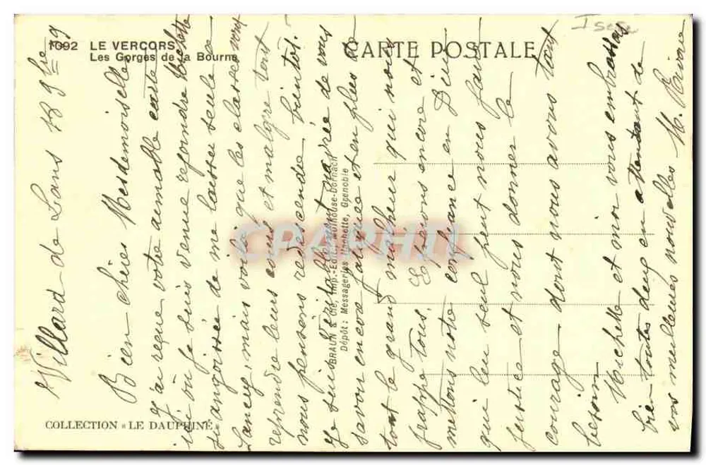 As Gorges da Bourne — O Vercors — Editor: Messageries de Grenoble, n° 1092 - Verso