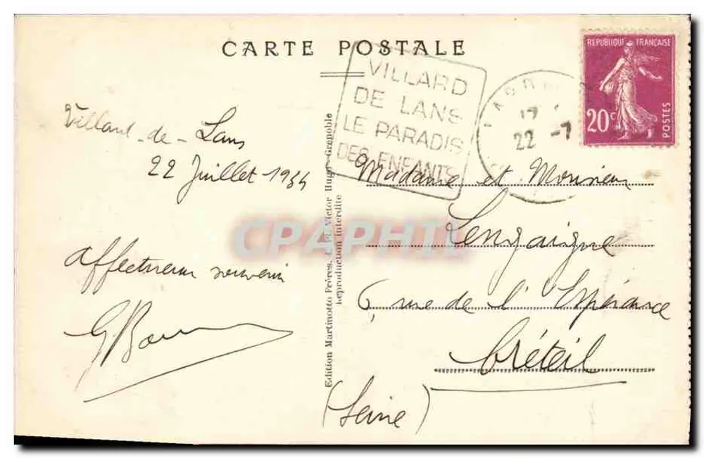 Villars-de-Lans im Winter — Die Place und die Mairie — Édition Martinotto Frères, n° 356 - Rückseite