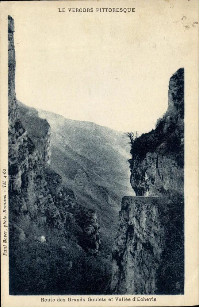 O Vercors pitoresco — Estrada dos Grandes Goulets e Vale de Echevis — Paul Boyer, foto, Romans, Tél. 462 - Frente