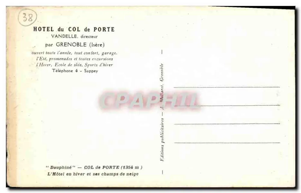 Hôtel du Col de Porte — winterliche, schneedeckte Ansicht — Werbe-Editionen A. Mallaret, Grenoble - Rückseite
