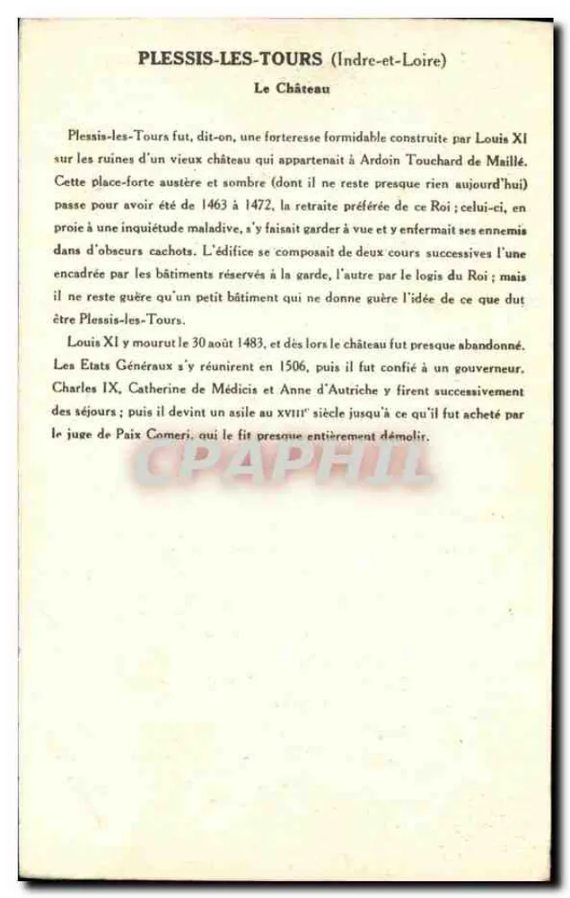 Plessis-les-Tours — O Castelo — Coleção da Solução Pantauberge (2ª Série) - Verso