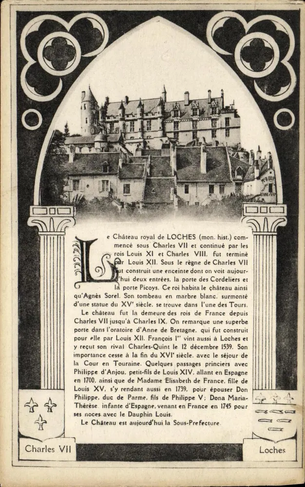 Château royal de Loches — vue encadrée d'arches gothiques avec texte historique — éditeur A. Papeghin, Édit. Tours - Frente