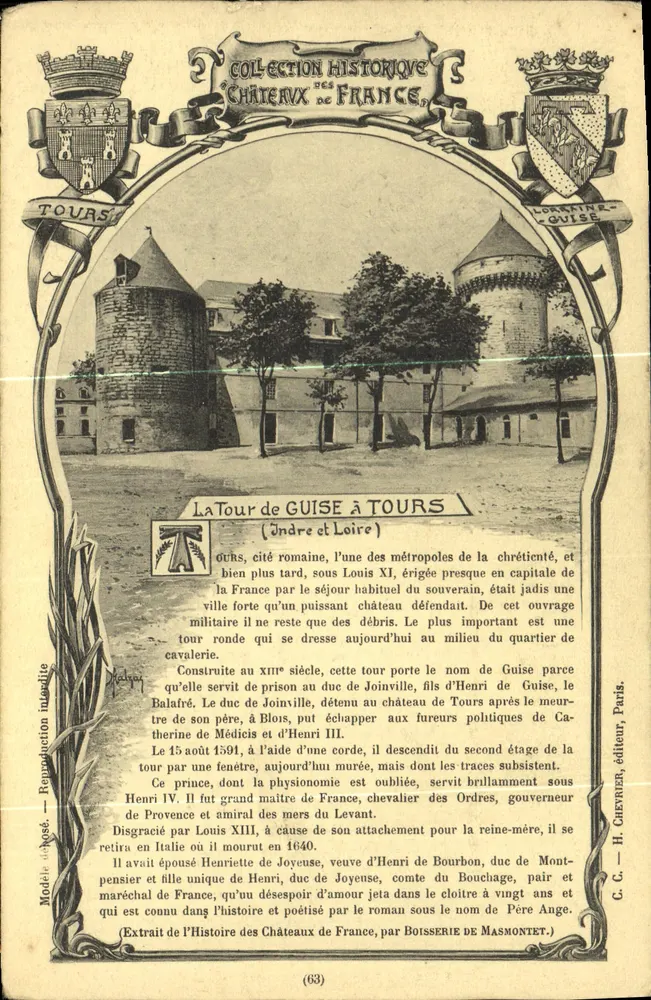 A Torre de Guise em Tours — Coleção Histórica dos Castelos da França — H. Chevrier, editor, n° (63) - Frente