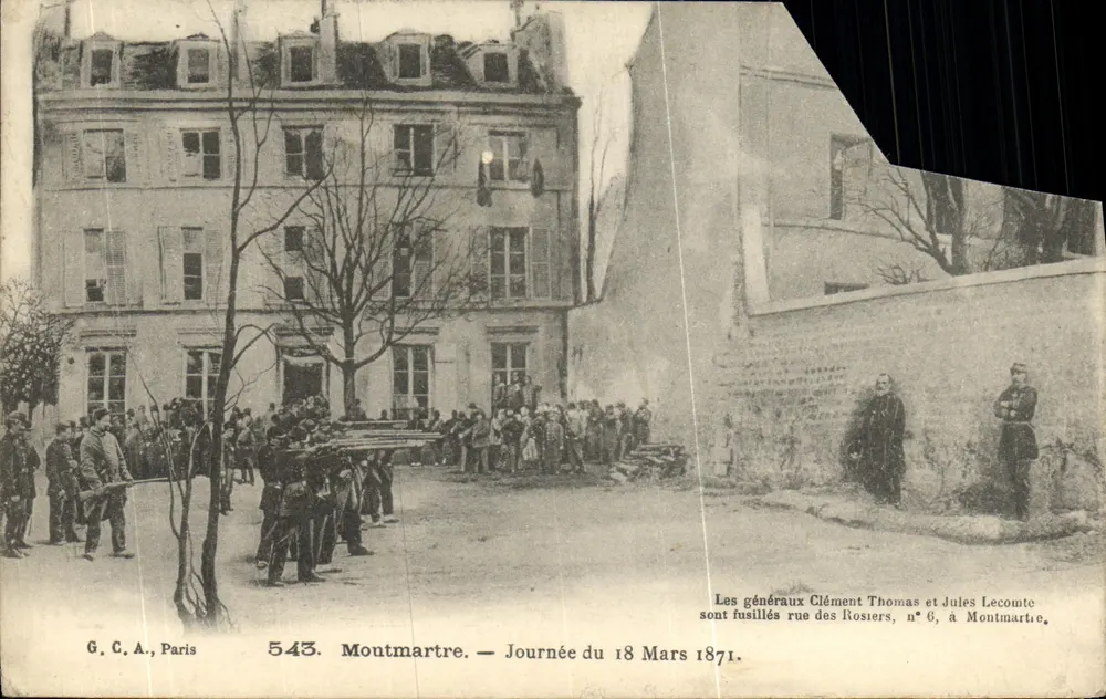 Montmartre — Tag des 18. März 1871 — Die Generäle Clement Thomas und Jules Lecomte werden in der Rue des Rosiers, Nr. 6, erschossen - Vorderseite