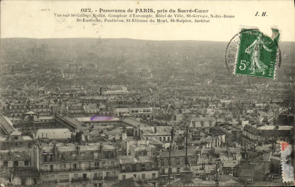 Panorama di PARIS, preso dal Sacré-Cœur — vista sul Collegio Rollin, Comptoir d'Escompte, Hotel de Ville, St-Eustache, Panthéon, St-Etienne du Mont, St-Sulpice, Institut — J.H. n°022 - Recto