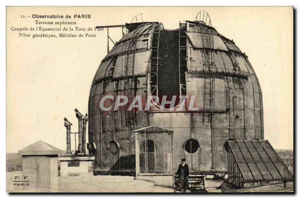 Observatorium von PARIS — Oberfläche, Kuppel des Ekliptik-Teleskops der Osttürme, Geodätischer Pfeiler, Meridian von Paris — F. F. PARIS - Vorderseite