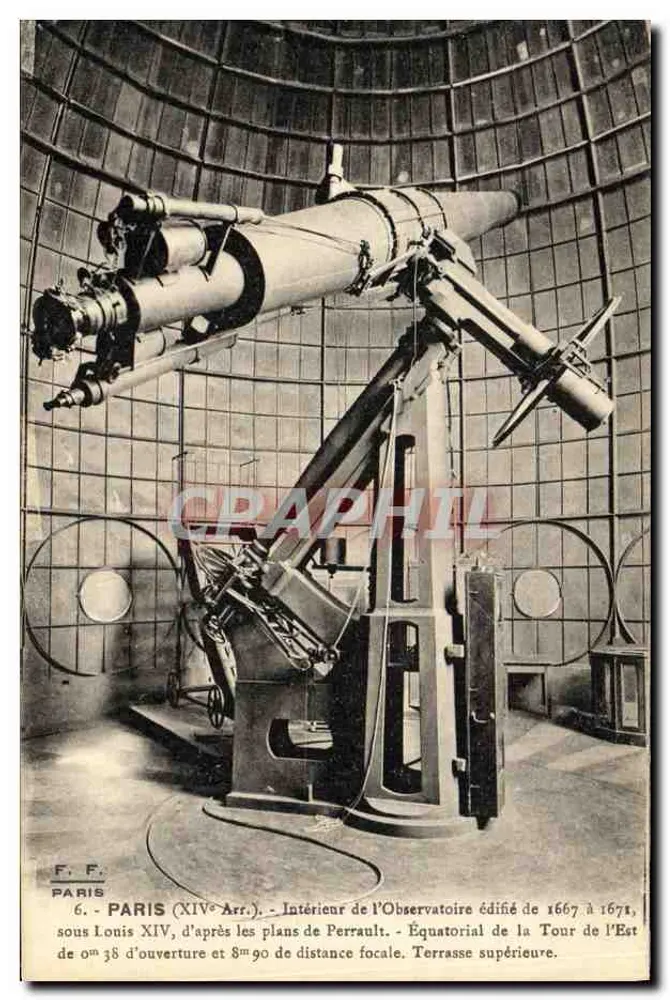 Paris (XIVe Arrondissement) - Innenraum des Observatoriums, erbaut von 1667 bis 1671 unter Ludwig XIV, nach den Plänen von Perrault - Equatorial der Ostturme - Vorderseite