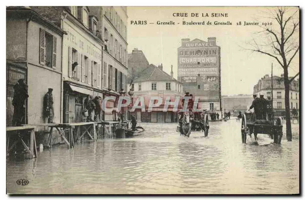 Überschwemmung der Seine — Paris, Boulevard de Grenelle — 28. Januar 1910 — Verleger EHD - Vorderseite