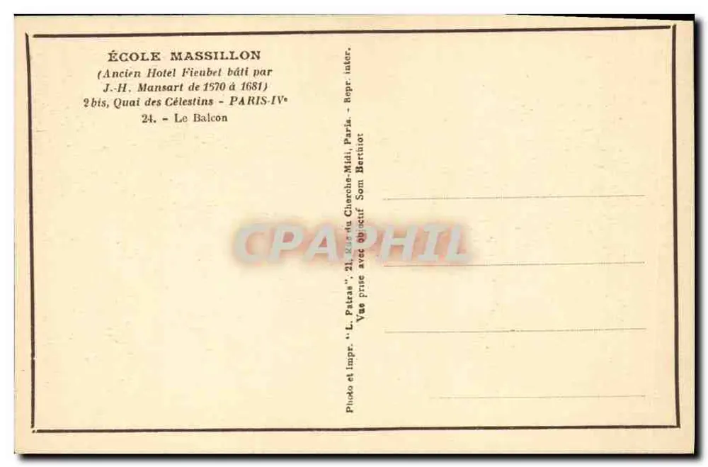 Schule Massillon — Ehemaliges Hotel Fieubet — Ornamentaler Balkon — L. Patras, Paris - Rückseite
