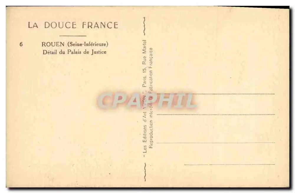 Rouen (Seine-Inférieure) — Detalhe do Palácio de Justiça — Les Éditions d'Art 'VIVON', Paris - Verso