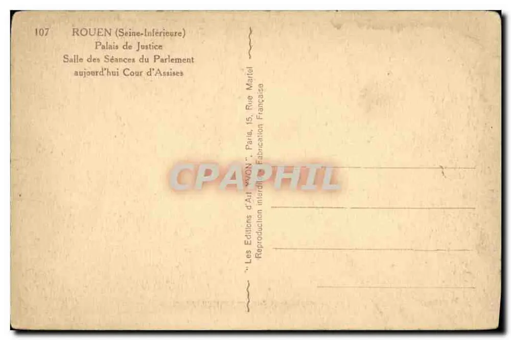Salle des Séances des Parlaments in Rouen — Palast der Gerechtigkeit — Verlag Les Éditions d'Art 'Voyon', Paris - Rückseite