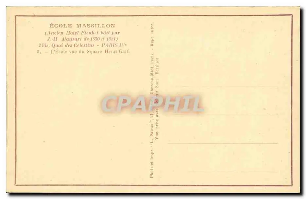 Escola Massillon — Antigo Hotel Fieubet, Paris IVe — Editor Patras - Verso