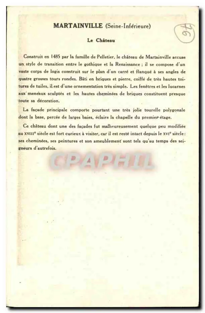 Martainville (Seine-Inférieure) — O Castelo — Coleção da Solution Pautanberge, 6ª Série - Verso