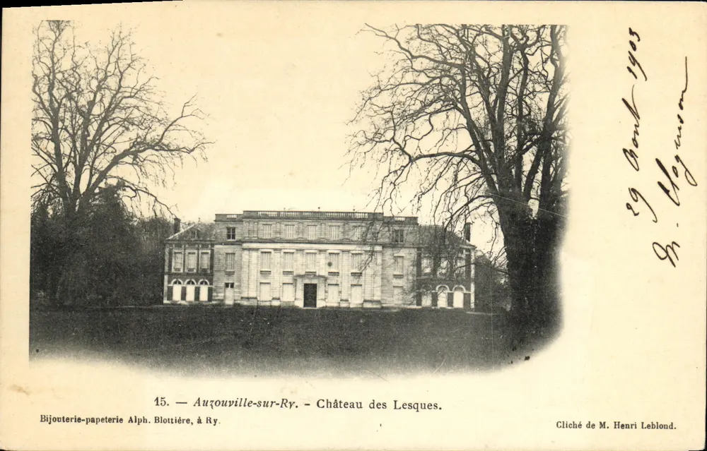 Auzouville-sur-Ry — Castelo dos Lesques — Joalheria e papelaria Alph. Blottiére, em Ry - Frente