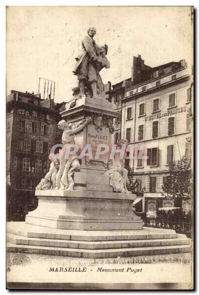 Marseille - Monument Puget — statue équestre sur piédestal orné, éditeur H. Puget - Frente