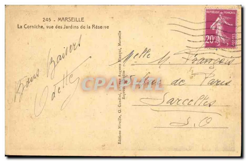 La Corniche, Ansicht von den Jardins de la Réserve — Marseille — Éditions Mireille, G. Gardini, 245 - Rückseite
