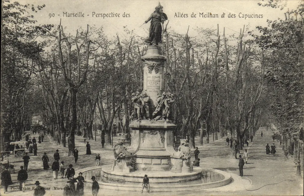 Marseille - Perspektive der Allées de Meilhan & des Capucines — Zentraler Monument mit Statue — Phototypie F. Raimour - Marseille - Vorderseite