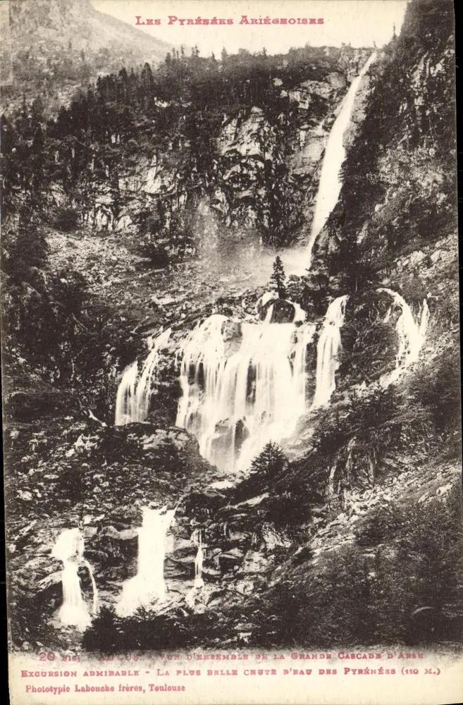 Grande Cascata de Amser — Os Pirineus Ariégeois — Fototipia Labouche frères, Toulouse - Frente