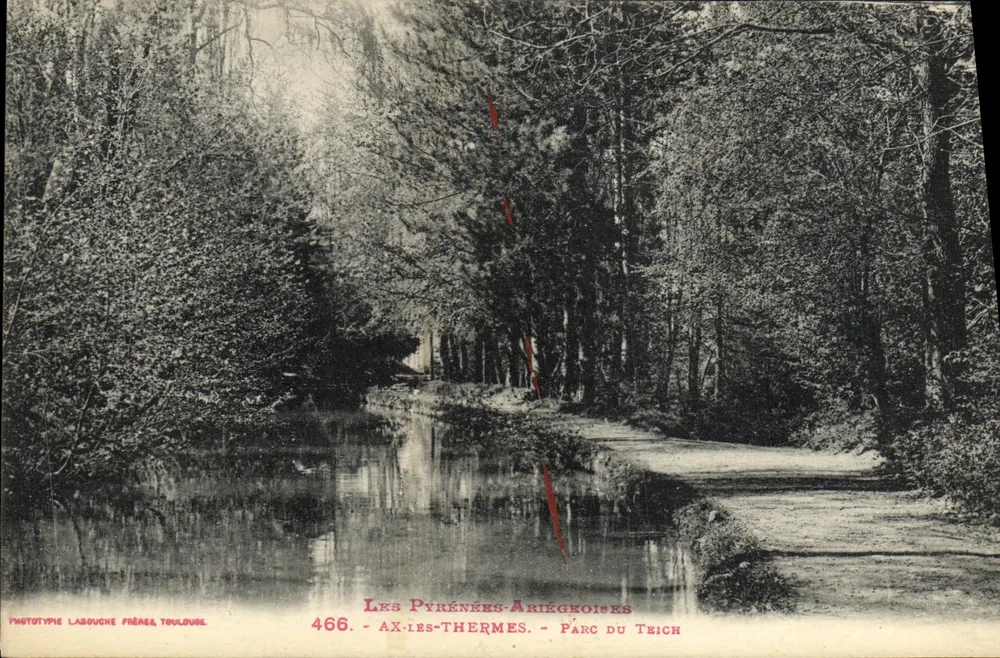 Parc du Teich — vue du parc bordé d'arbres — éditeur Phototypie Labouche Frères, Toulouse, n° 466 - Frente