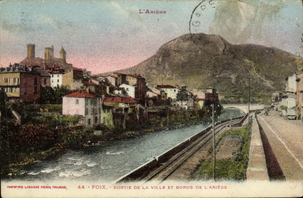 Foix - Salida de la ciudad y orillas del Ariège — Fototipia Labouche Frères, Toulouse, n°44 - Anverso