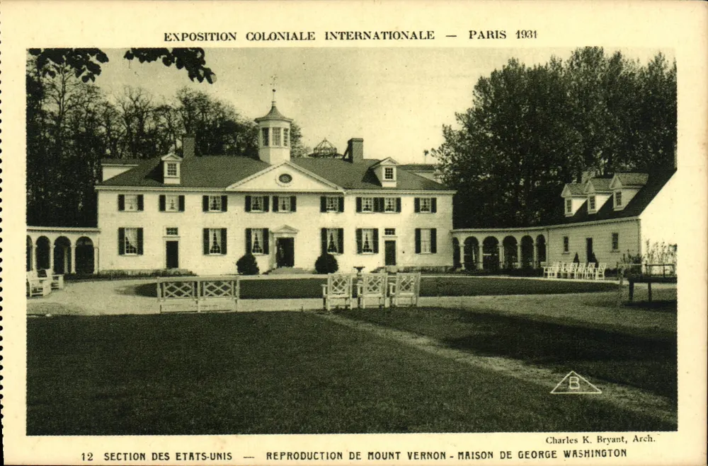 Nachbildung von Mount Vernon - Wohnhaus von George Washington — Internationale Kolonialausstellung — Paris 1934 — Sektion der Vereinigten Staaten — Charles K. Bryant, Arch. - Vorderseite