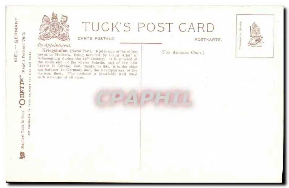 Kiel, Kriegshafen — Porto naval alemão — editor Tuck & Sons - Verso