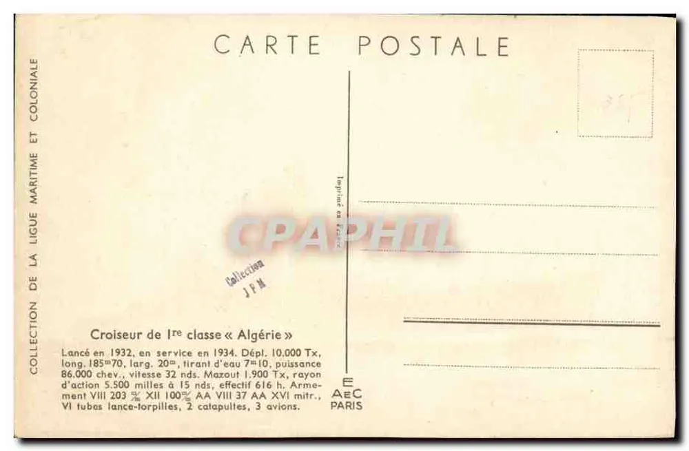 Kreuzer der 1. Klasse « Algérie » — Sammlung der Seefahrt- und Kolonialliga — Verlag AéC Paris - Rückseite